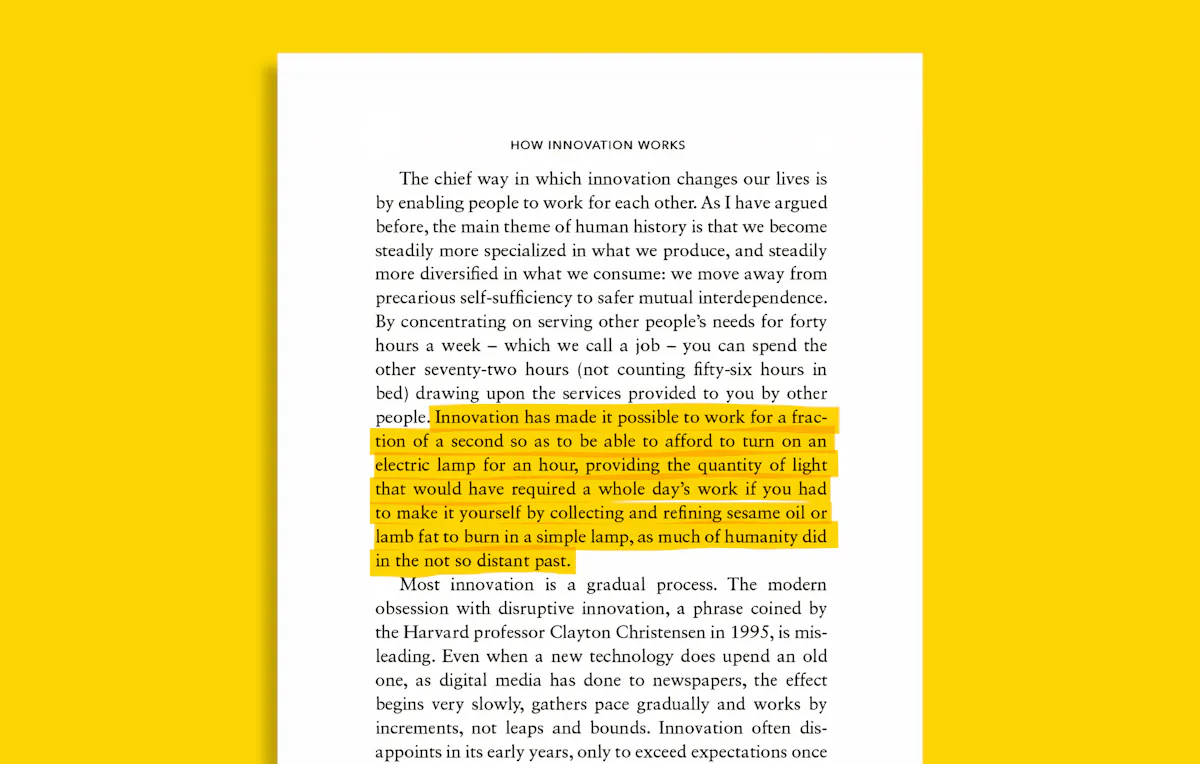 A printed page on a yellow background with one paragraph marked in yellow highlighter.