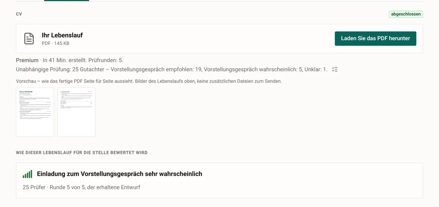 Eine Stelle in CV Rocket: die Stellenausschreibung, der dafür verfasste Lebenslauf und die eingereichte Bewerbung.