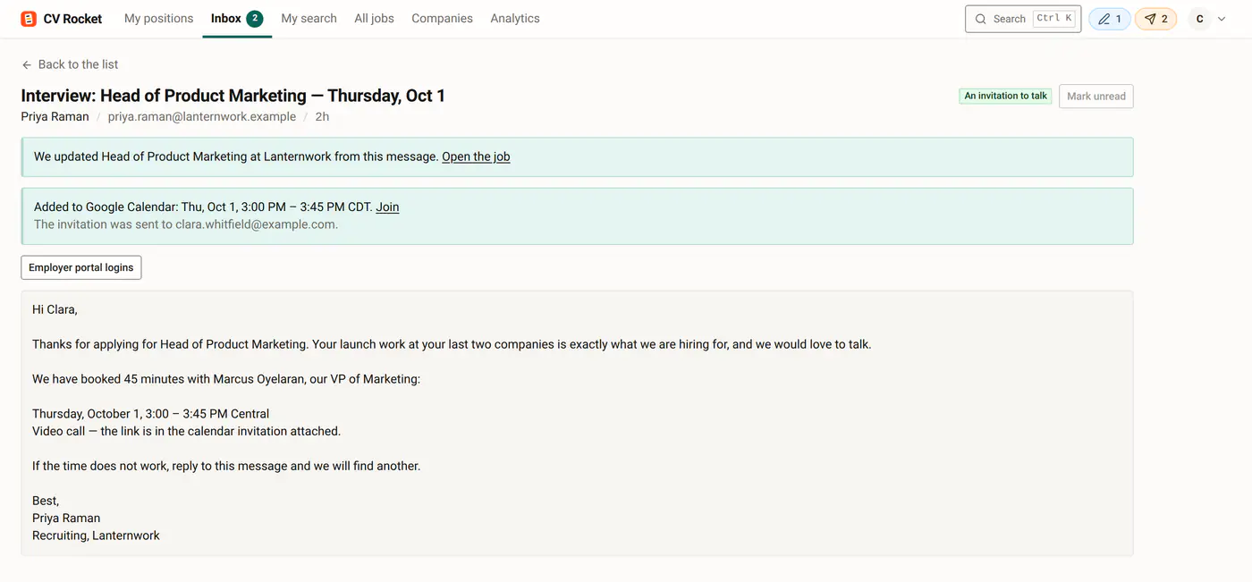 An interview invitation in the CV Rocket inbox, added to the candidate's calendar.