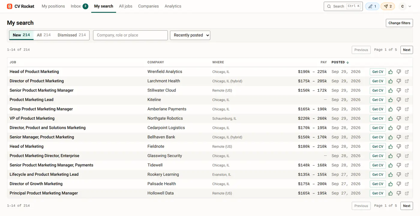 The jobs screen in CV Rocket: postings matched to the candidate's roles and city.