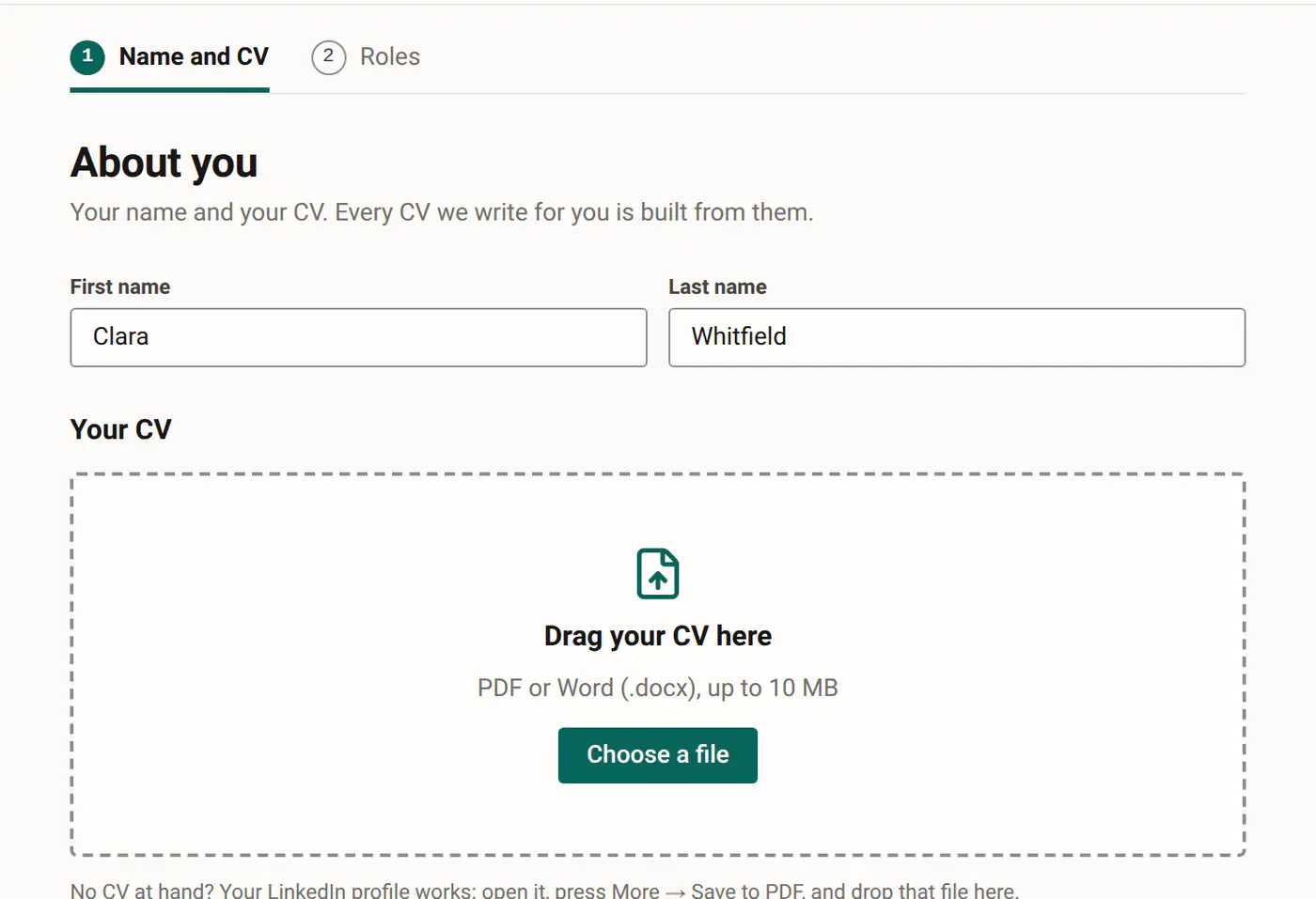 CV Rocket's first screen: a box to drop your CV into.
