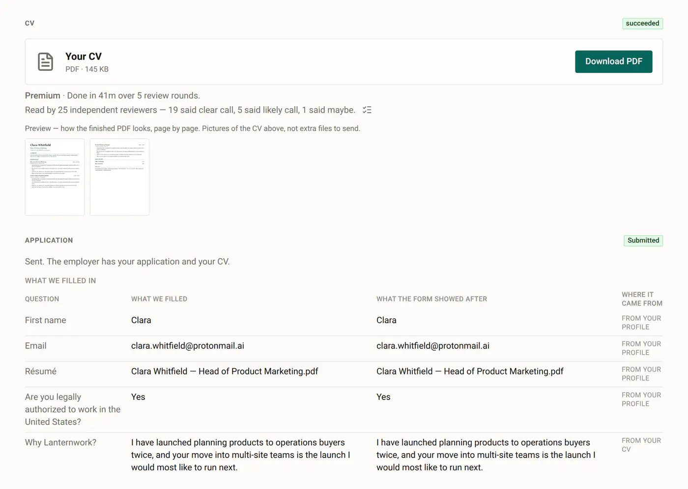 An application in CV Rocket: every answer filled in on the employer's form.
