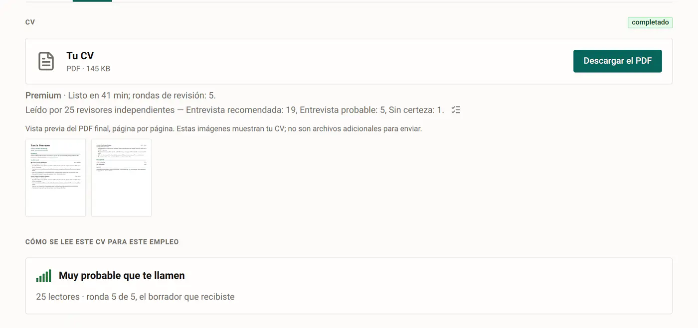Una posición en CV Rocket: la vacante, el CV escrito para ella y la postulación enviada.