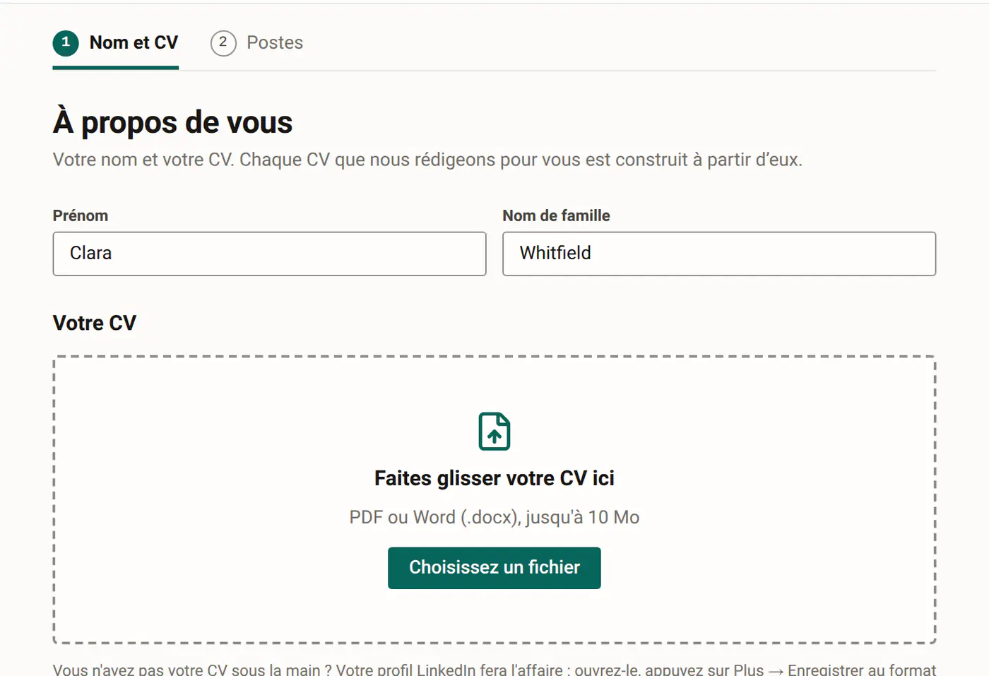 Premier écran de CV Rocket : une boîte dans laquelle déposer votre CV.