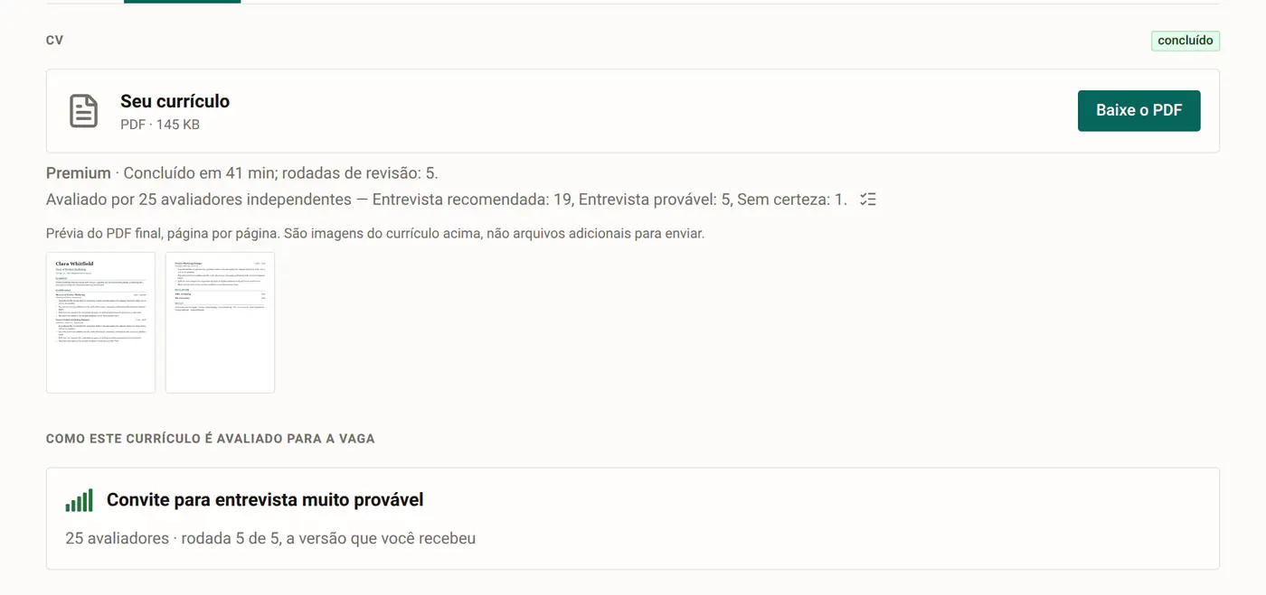 Uma vaga na CV Rocket: a publicação, o CV elaborado para a mesma e a candidatura apresentada.